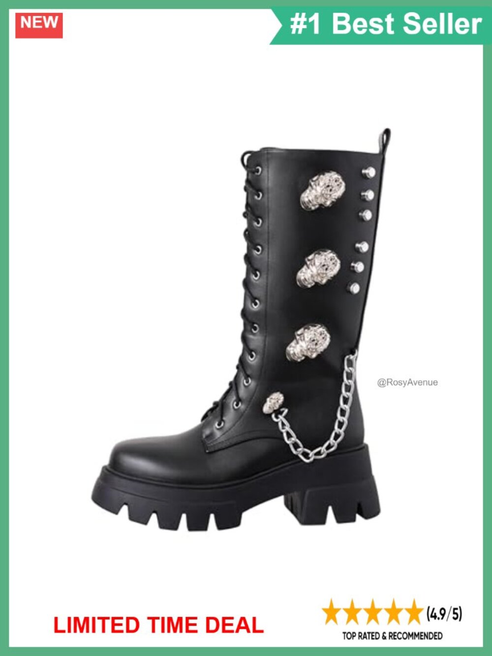Faux Leather Mid Calf Combat Boots Skull Chain Side Zip Chunky Heel